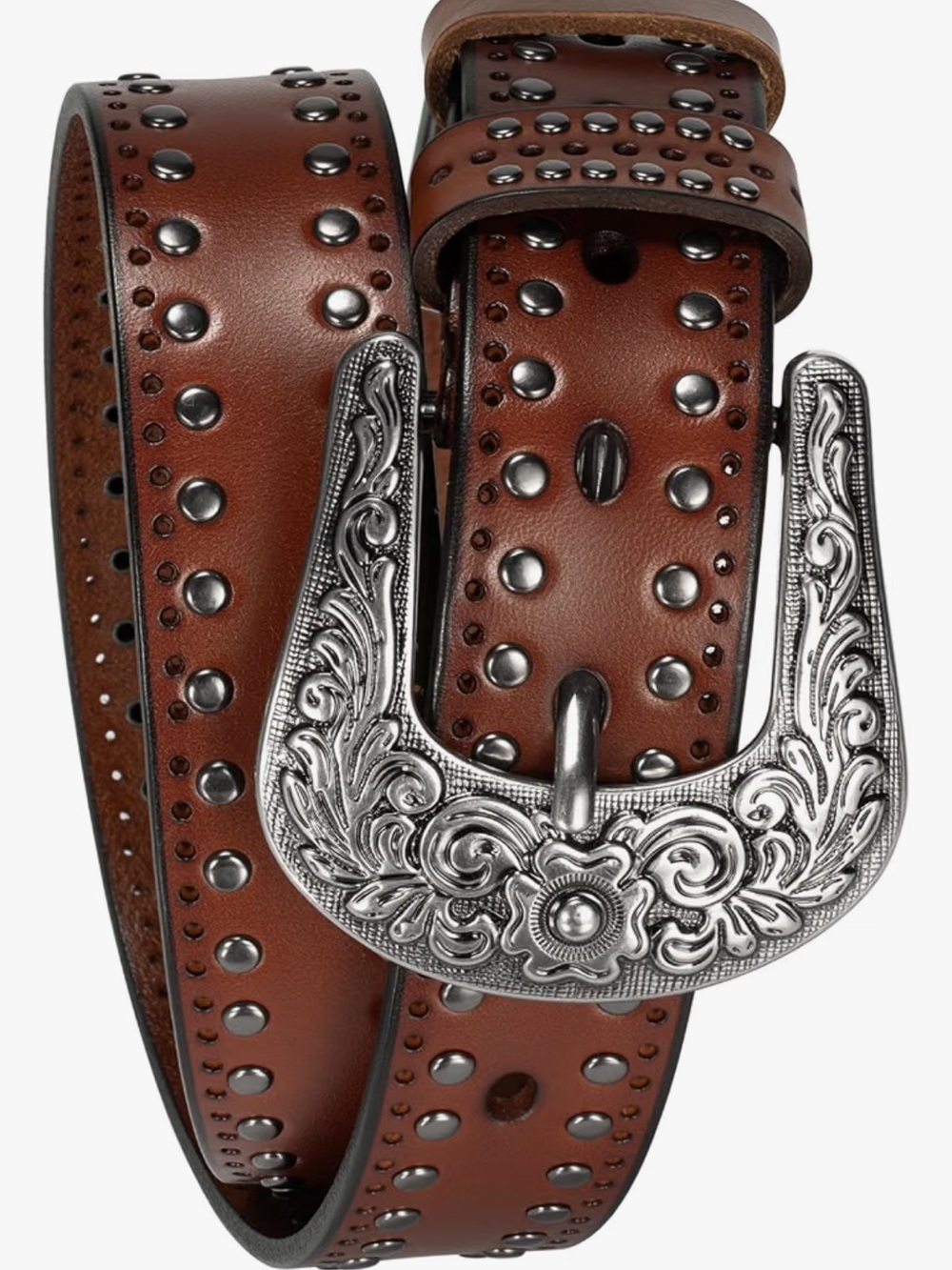Women’s Brown Studded Leather Belt with Ornate Silver Buckle NIB